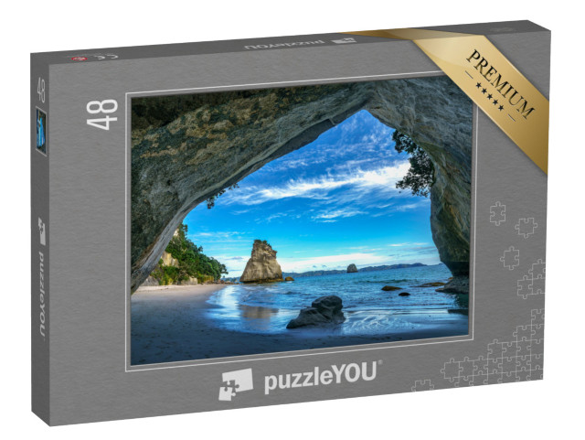 Puzzle 48 pezzi „Vista dalla grotta di Cathedral Cove Beach, Coromandel, Nuova Zelanda“