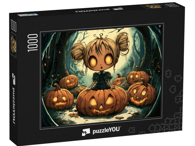 Puzzle 1000 pezzi „Ragazza con grandi occhi seduta su una zucca“