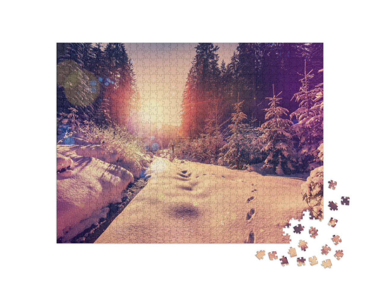 Puzzle 1000 pezzi „Fantastico paesaggio forestale invernale al tramonto“