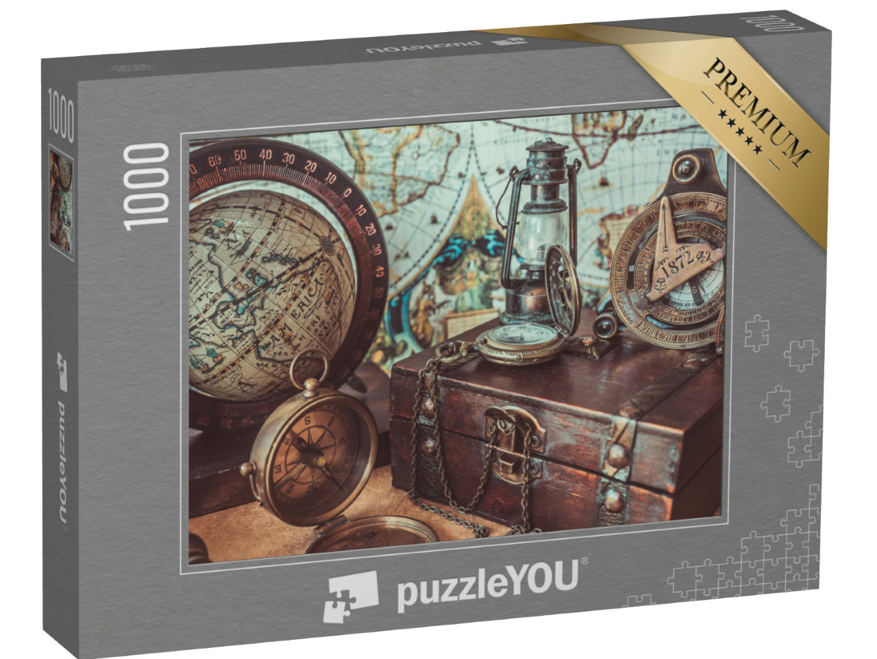 Puzzle 1000 pezzi „Collezione di antichità: bussola, lampada a olio, mappamondo e scrigno del tesoro“