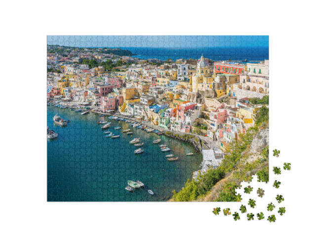Puzzle 1000 pezzi „Vista panoramica della splendida isola di Procida, vicino a Napoli, regione Campania, Italia.“