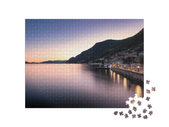 Puzzle 1000 pezzi „Vista sul lago d'Iseo al tramonto, apertura da Predore, Bergamo, Italia“