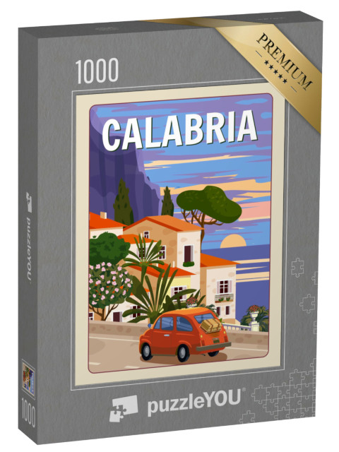 Puzzle 1000 pezzi „Poster retrò Costiera Amalfitana, paesaggio romantico, montagne, città costiera, barca a vela, mare“