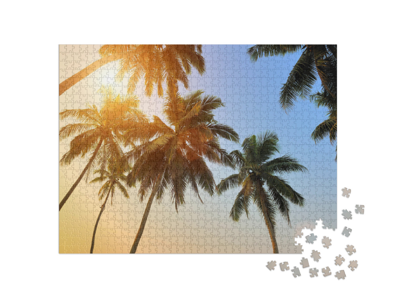 Puzzle 1000 pezzi „Splendido tramonto tropicale con palme sulla spiaggia“
