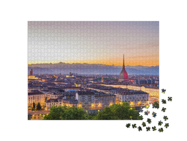 Puzzle 1000 pezzi „Skyline di Torino in Italia, paesaggio urbano al tramonto“