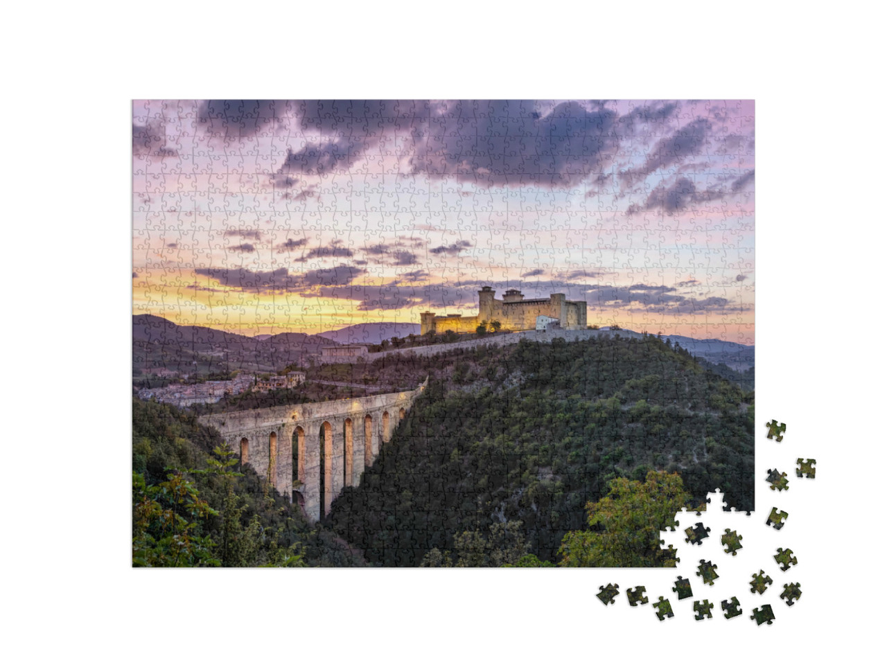 Puzzle 1000 pezzi „Spoleto al tramonto. Ponte delle torri medievale e Rocca Albornoziana, Provincia di Perugia, Italia“