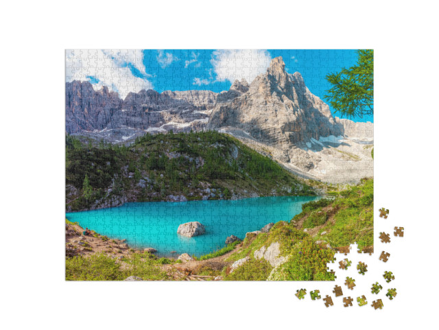 Puzzle 1000 pezzi „Vista panoramica del Lago Sorapis nelle Dolomiti, Cortina d'Ampezzo, Italia“