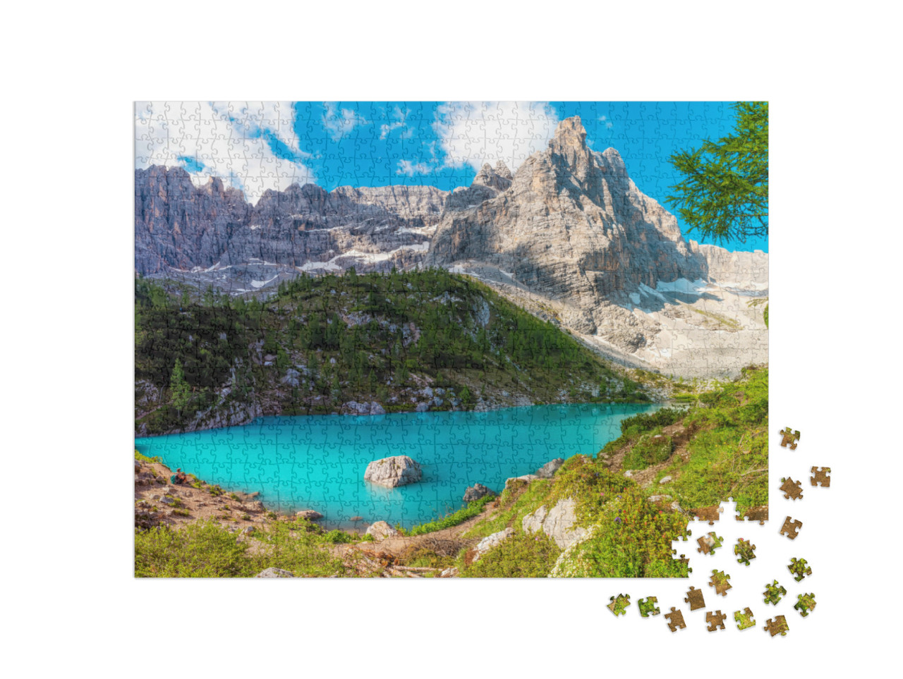 Puzzle 1000 pezzi „Vista panoramica del Lago Sorapis nelle Dolomiti, Cortina d'Ampezzo, Italia“