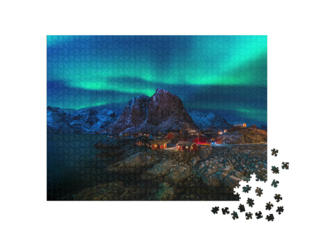 Puzzle 1000 pezzi „L'aurora boreale in un piccolo villaggio di pescatori in Norvegia“