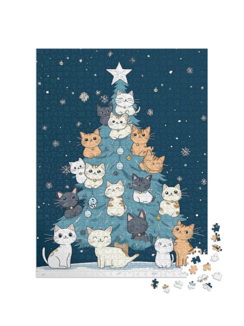 Puzzle 1000 pezzi „Illustrazione invernale: albero di Natale pieno di simpatici gatti“