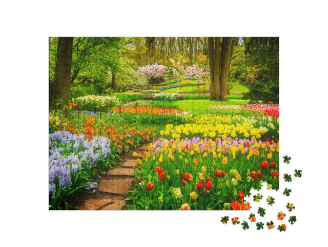 Puzzle 1000 pezzi „Aiuole di tulipani colorati nel parco“