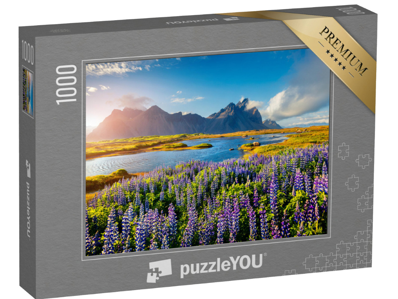 Puzzle 1000 pezzi „Fiori di lupino in fiore sulla costa dell'Islanda“