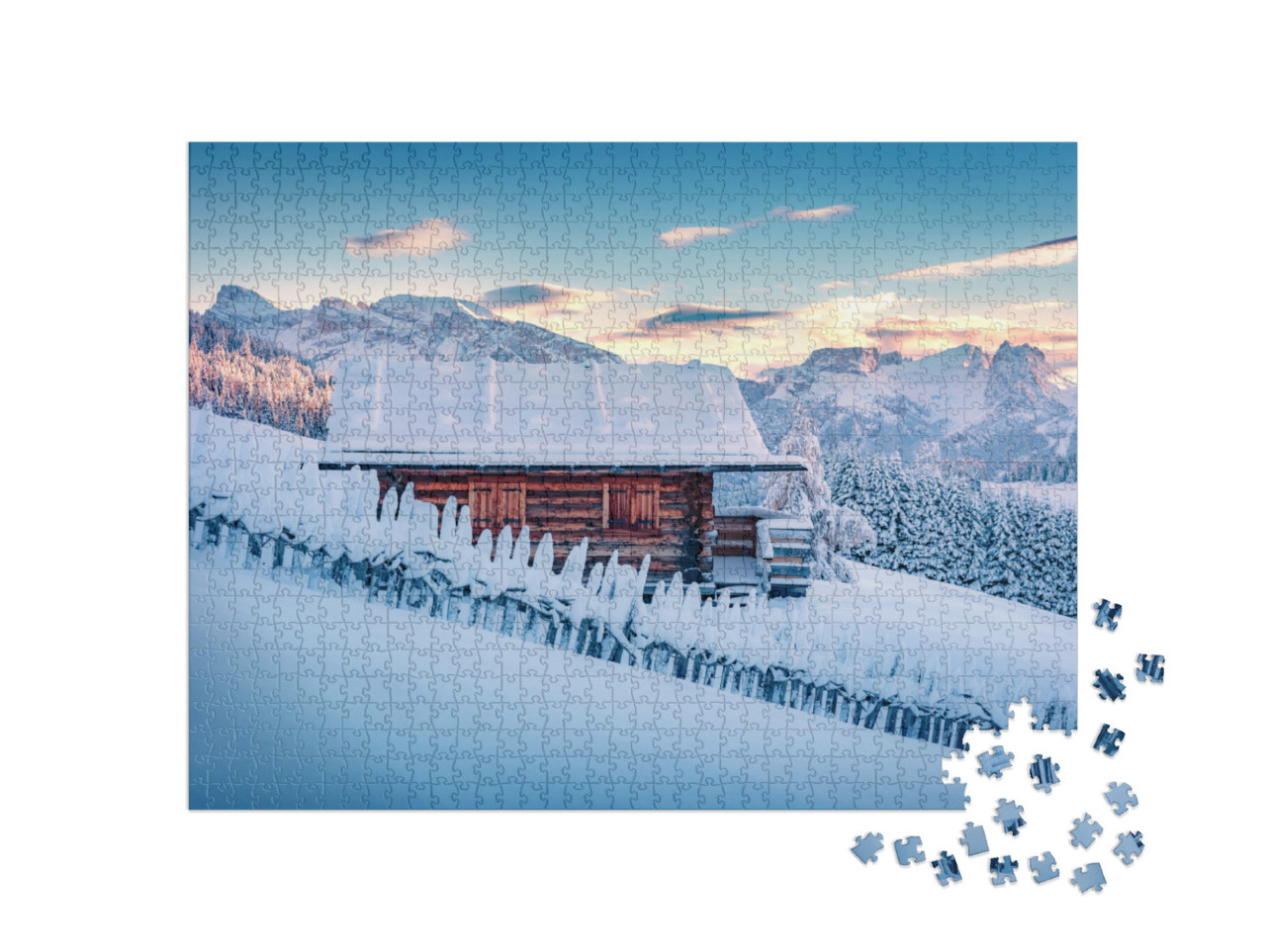 Puzzle 1000 pezzi „Baita in legno sulla collina del villaggio dell'Alpe di Siusi. Alba invernale innevata nelle Dolomiti“