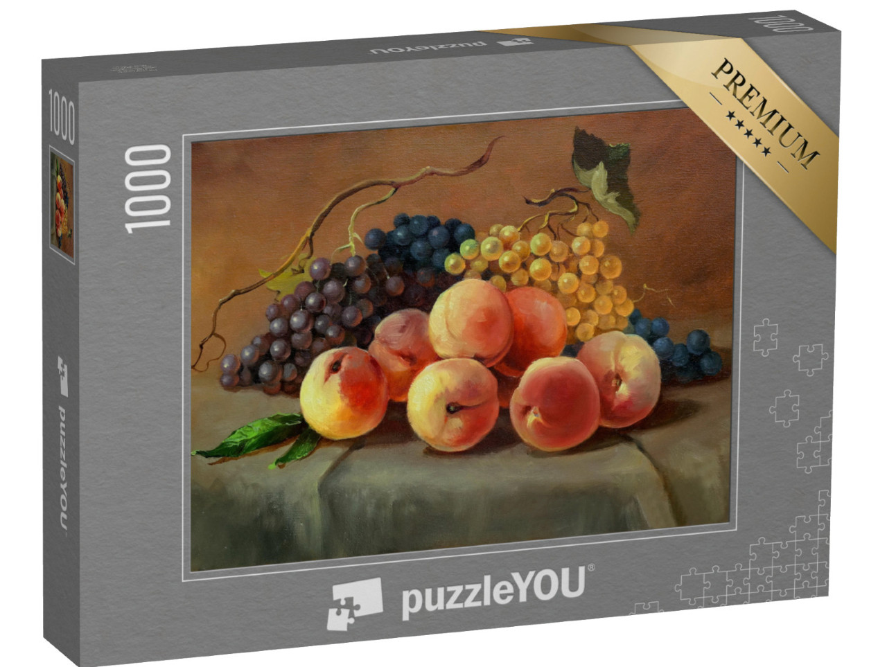 Puzzle 1000 pezzi „Pesche e uva succose in tavola“