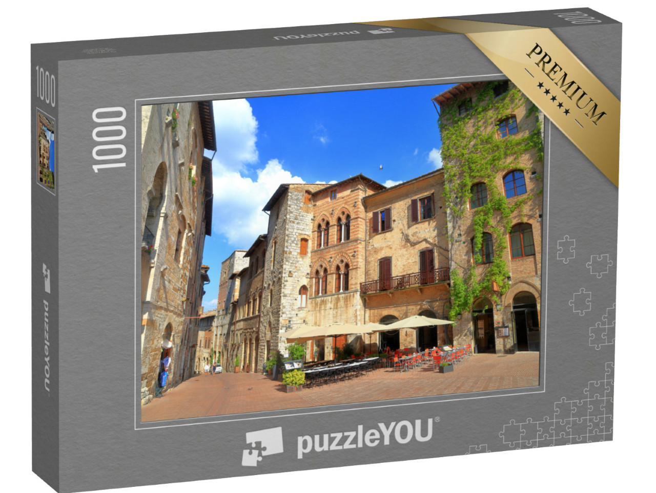 Puzzle 1000 pezzi „Edifici medievali in Piazza della Cisterna, San Gimignano, regione Toscana, Italia“