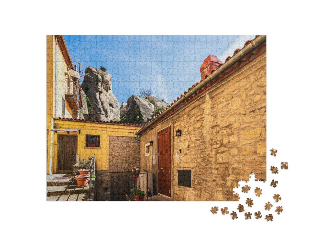 Puzzle 1000 pezzi „Castelmezzano, Potenza: vedute del centro storico e del paesaggio che circonda il paese“