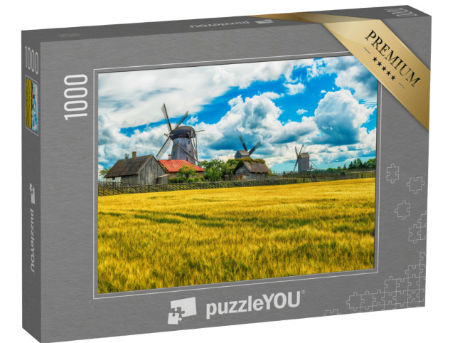 Puzzle 1000 pezzi „Campi estivi e mulini a vento di Angla sull'isola di Saaremaa, Estonia“