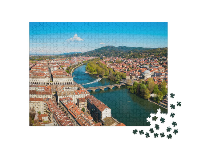 Puzzle 1000 pezzi „Vista panoramica aerea del fiume Po nel centro della città di Torino, regione Piemonte“