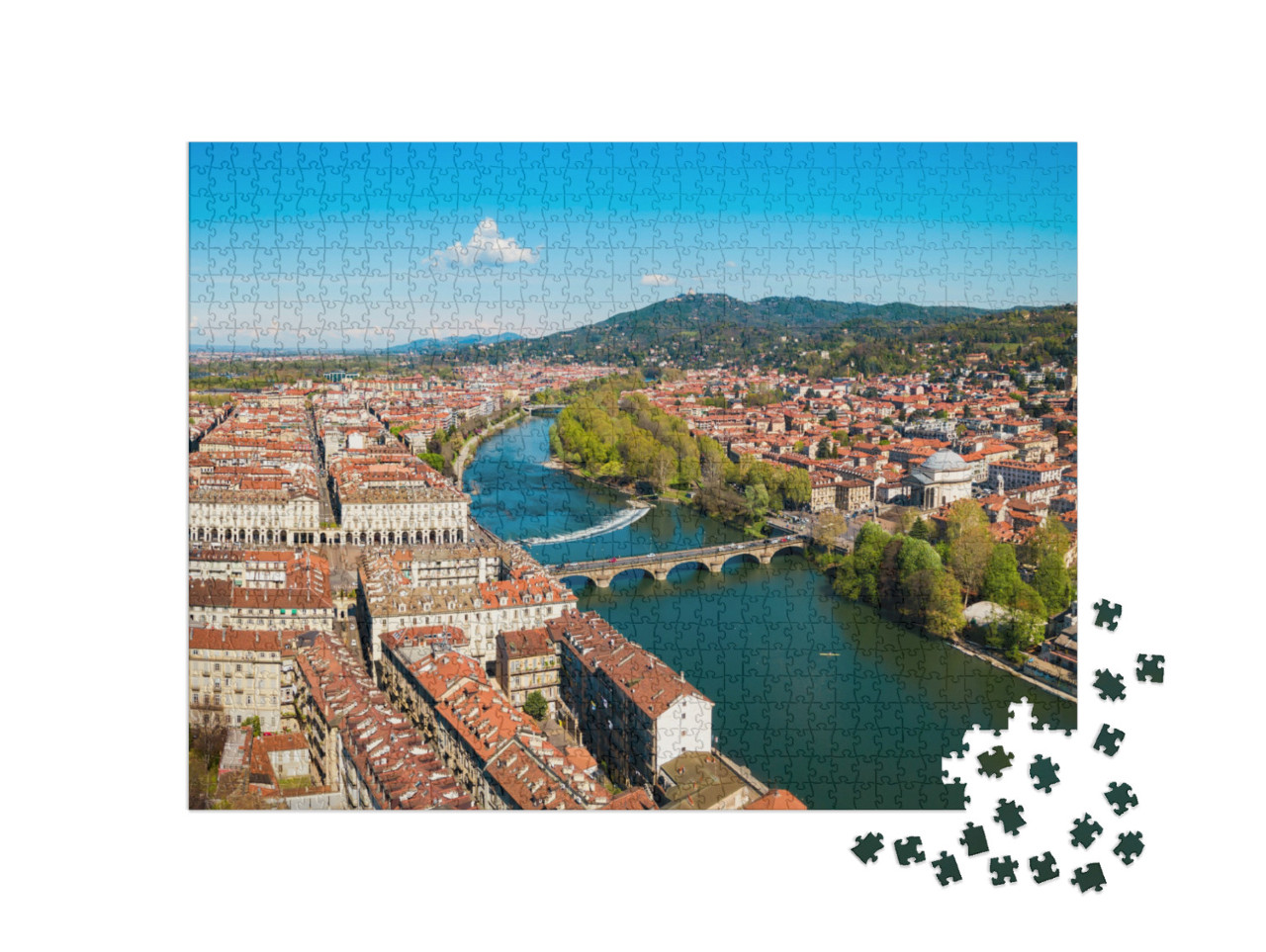 Puzzle 1000 pezzi „Vista panoramica aerea del fiume Po nel centro della città di Torino, regione Piemonte“