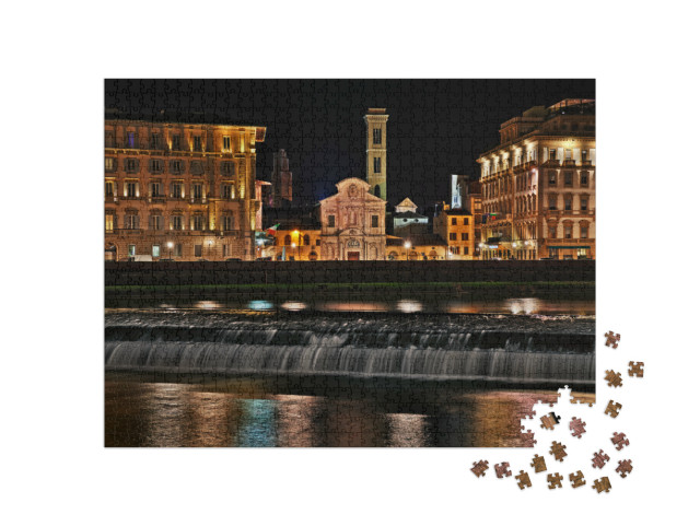 Puzzle 1000 pezzi „Firenze, Toscana, Italia: paesaggio notturno della città con il fiume Arno e la Chiesa di Ognissanti“