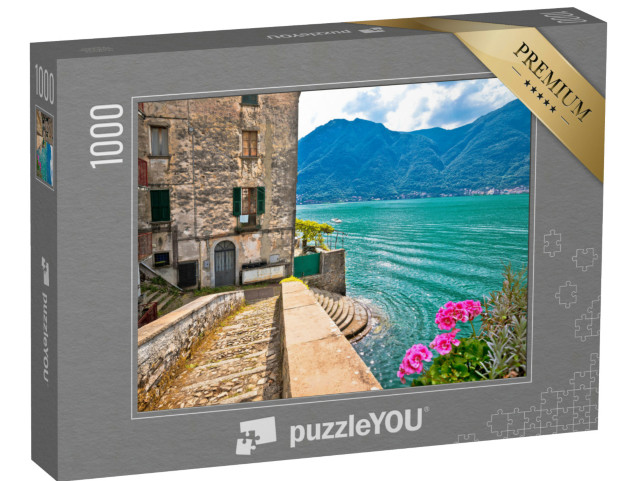 Puzzle 1000 pezzi „Città di Nesso, ponte storico in pietra e lungolago sul lago di Como, regione Lombardia, Italia“