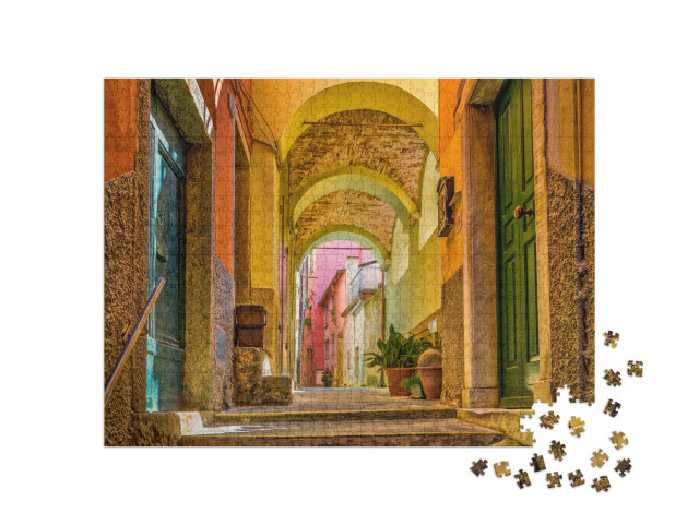 Puzzle 1000 pezzi „Case colorate nella via di Riomaggiore, borgo marinaro delle Cinque Terre in Italia“