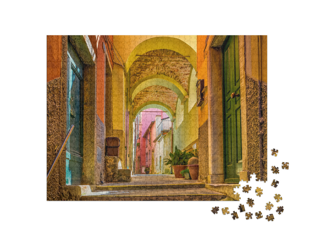 Puzzle 1000 pezzi „Case colorate nella via di Riomaggiore, borgo marinaro delle Cinque Terre in Italia“