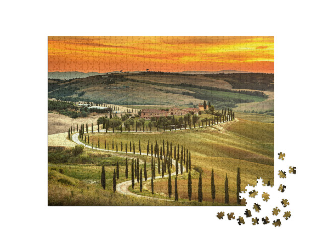 Puzzle 1000 pezzi „Tramonto sul paesaggio della Toscana, Italia“