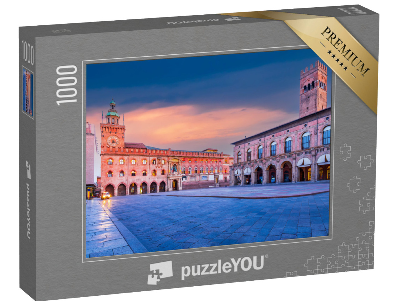 Puzzle 1000 pezzi „Piazza del Nettuno und Piazza Maggiore in Bologna, Wahrzeichen der Provinz Emilia-Romagna“