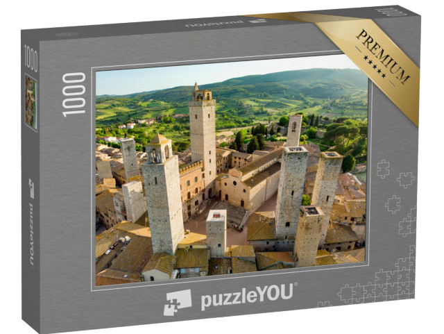 Puzzle 1000 pezzi „Veduta aerea della famosa città medievale di San Gimignano con il suo skyline di torri medievali, Siena“