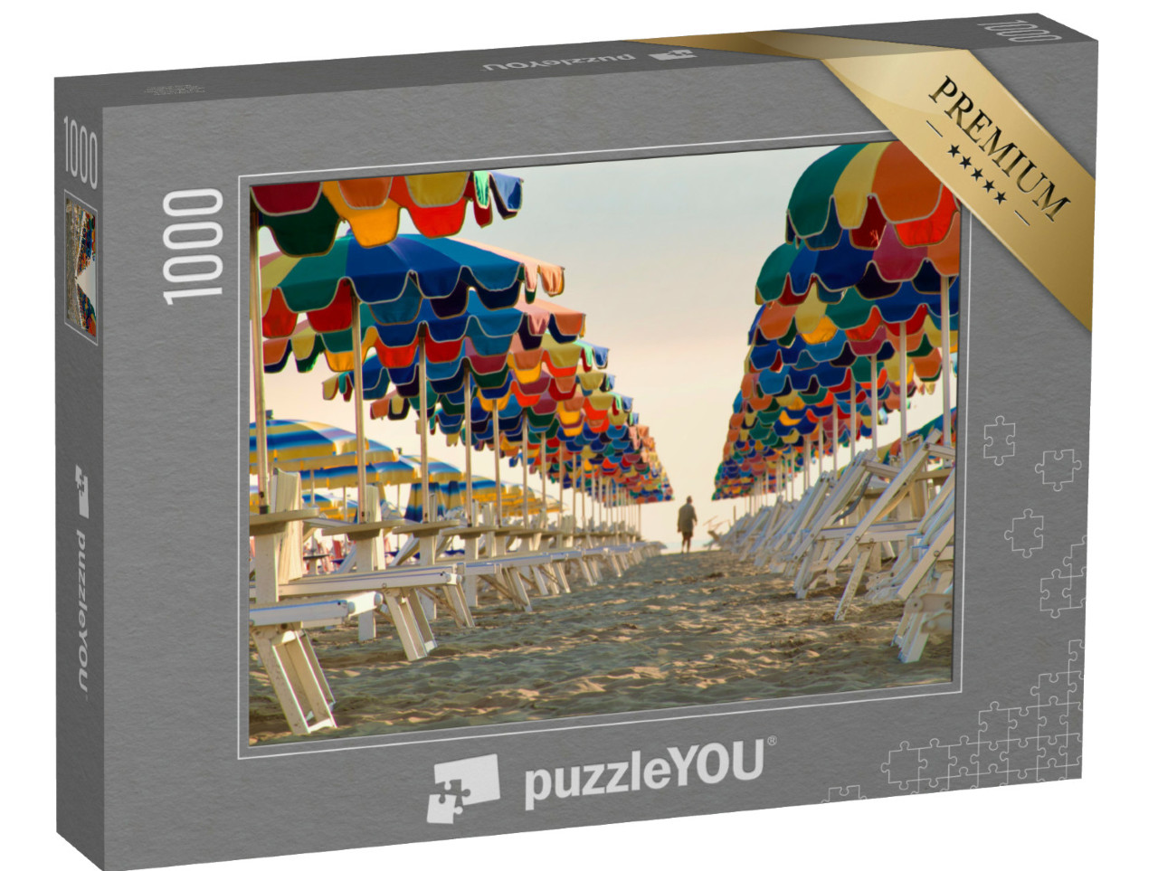 Puzzle 1000 pezzi „File di ombrelloni multicolore durante l'alba a Rimini“