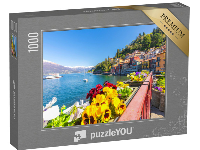 Puzzle 1000 pezzi „Fiori colorati in riva al lago, Varenna, Provincia di Lecco, Lago di Como, Laghi italiani, Lombardia“