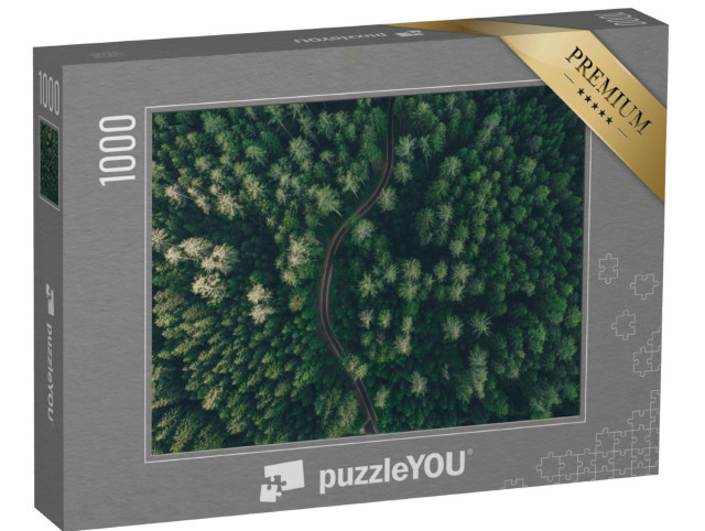 Puzzle 1000 pezzi „Vista aerea di una strada tortuosa in mezzo a una foresta“