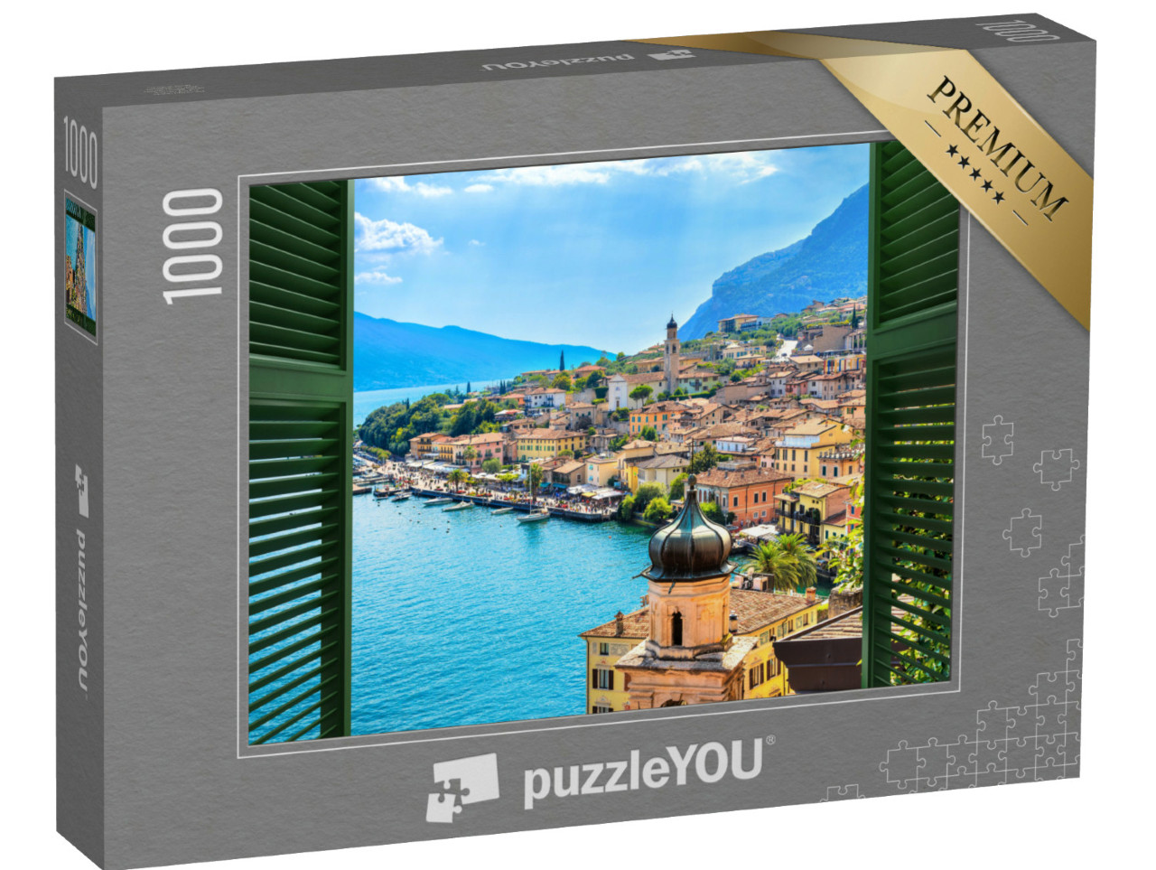 Puzzle 1000 pezzi „Finestra con vista sul paese di Limone Sul Garda sul Lago di Garda, Lombardia, Italia“