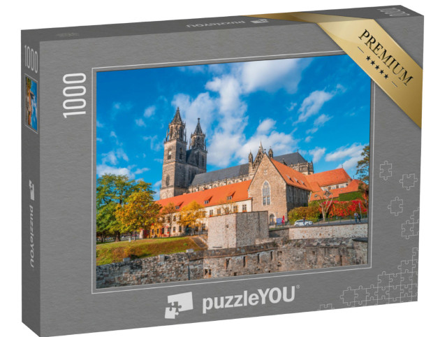 Puzzle 1000 pezzi „La magnifica cattedrale di Magdeburgo al tramonto in autunno, Sassonia-Anhalt“