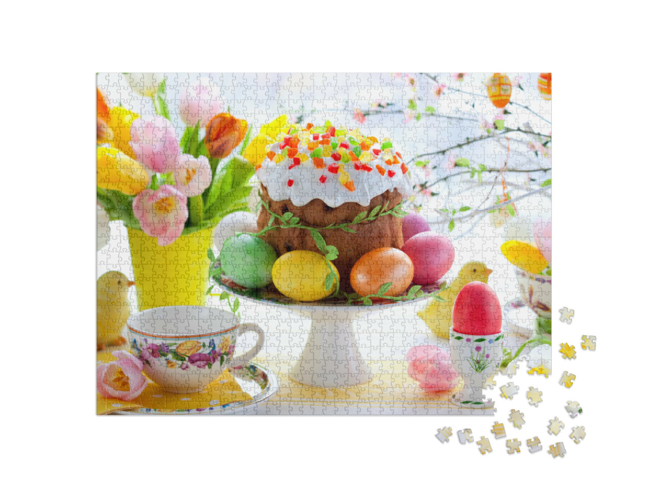 Puzzle 1000 pezzi „Torta di Pasqua e uova colorate sulla festosa tavola di Pasqua“