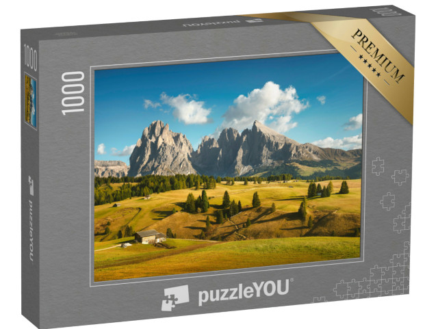 Puzzle 1000 pezzi „Alpe di Siusi o Alpe di Siusi, Dolomiti Alpi Sassolungo e Sassopiatto, Trentino Alto Adige“