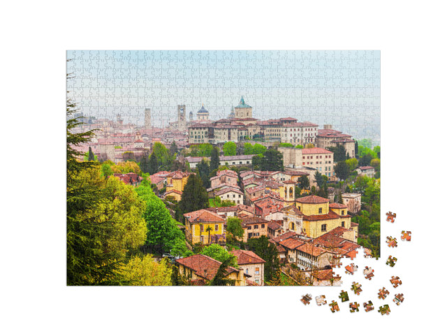Puzzle 1000 pezzi „Veduta a volo d'uccello della città alta di Bergamo, una città della regione alpina della Lombardia“