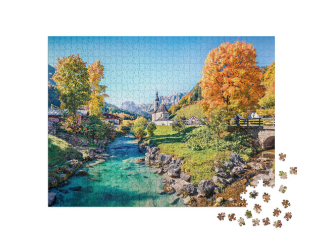 Puzzle 1000 pezzi „Scena mattutina della chiesa parrocchiale di San Sebastiano, Baviera“