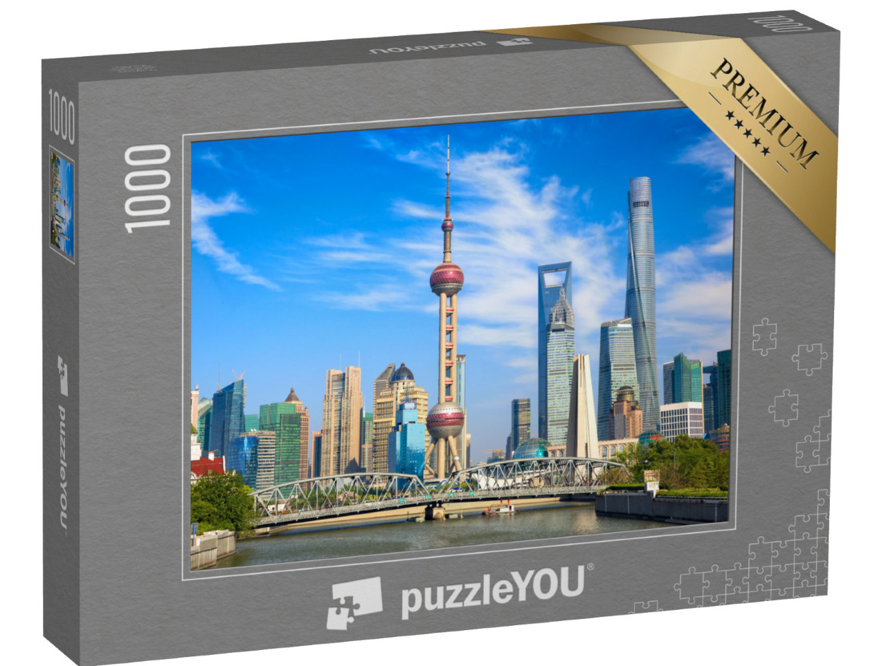 Puzzle 1000 pezzi „Lo skyline di Shanghai con lo storico ponte Waibaidu, Cina“