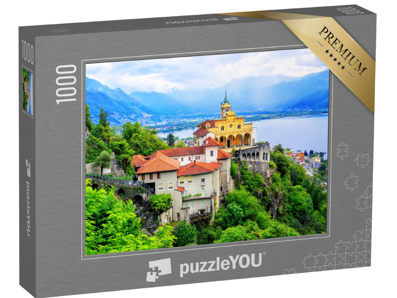 Puzzle 1000 pezzi „La bella chiesa della Madonna del Sasso sopra il Lago Maggiore, Svizzera“