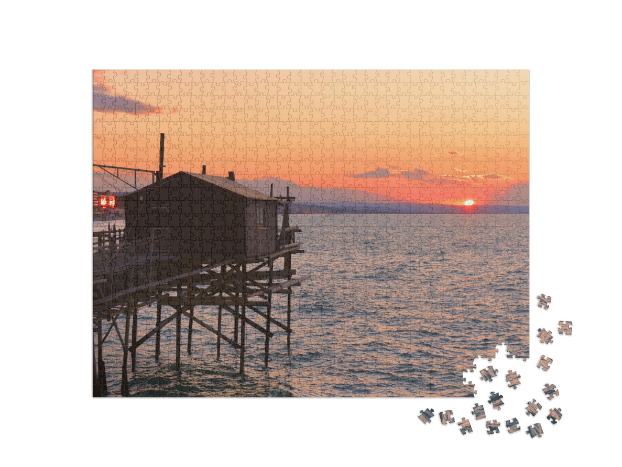 Puzzle 1000 pezzi „Splendido tramonto sul mare Adriatico con la famosa struttura della casa in legno “Trabocco” di Termoli“