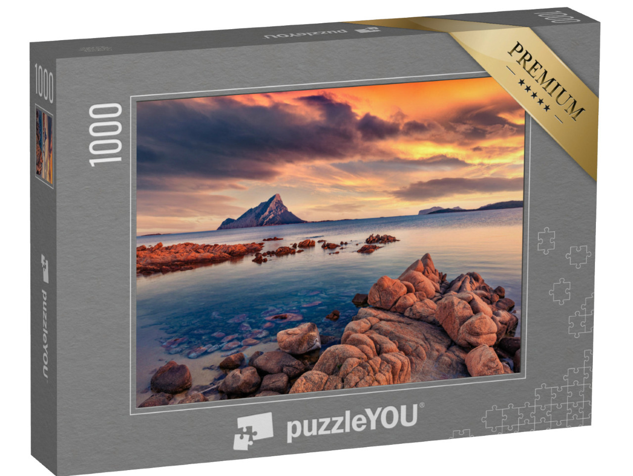 Puzzle 1000 pezzi „Tramonto con il monte Tavolara, Italia, Europa“