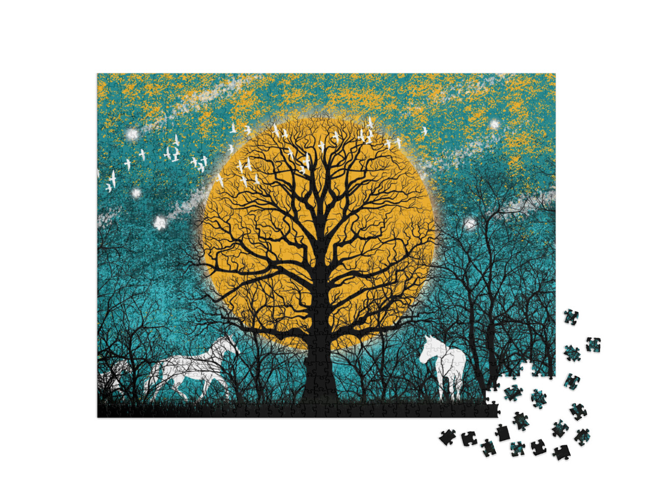 Puzzle 1000 pezzi „Cavalli bianchi con la luna piena“