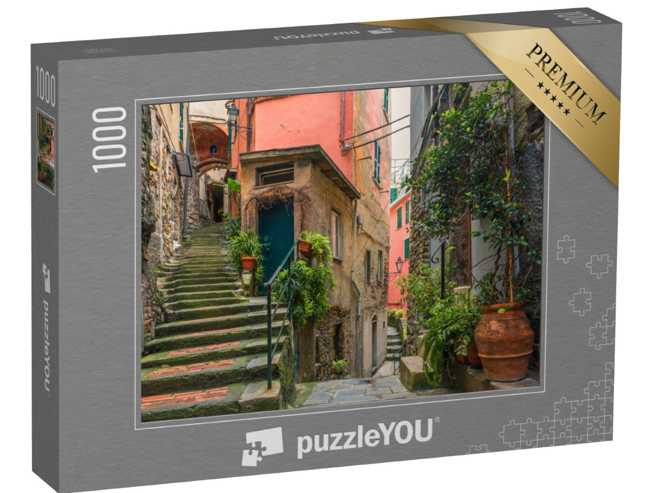 Puzzle 1000 pezzi „Vecchia strada nella città di Vernazza con scale medievali e vasi con piante verdi Liguria, Italia“