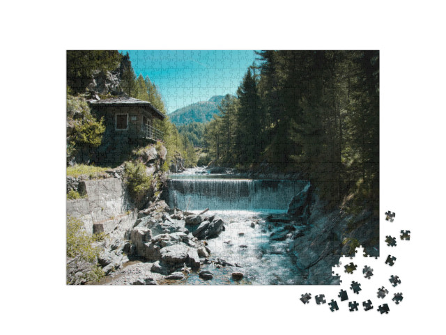 Puzzle 1000 pezzi „Cascate di Lillaz, Cogne, Valle d'Aosta: cascate in montagna, sole e riflessi nell'acqua“