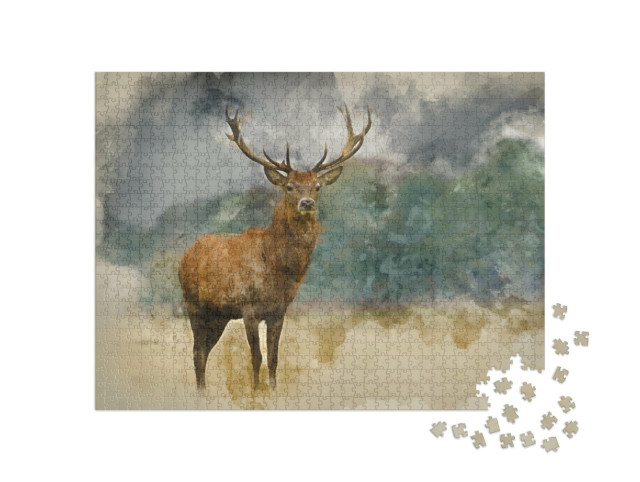 Puzzle 1000 pezzi „Acquerello: Ritratto di un maestoso cervo rosso“