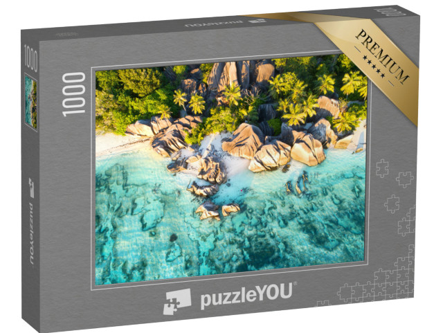 Puzzle 1000 pezzi „Vista a volo d'uccello della splendida spiaggia di Anse Source D'argent, Seychelles“