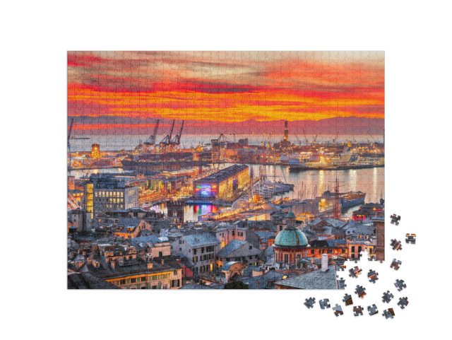 Puzzle 1000 pezzi „Genova, lo skyline del centro con il porto e le torri storiche al tramonto.“