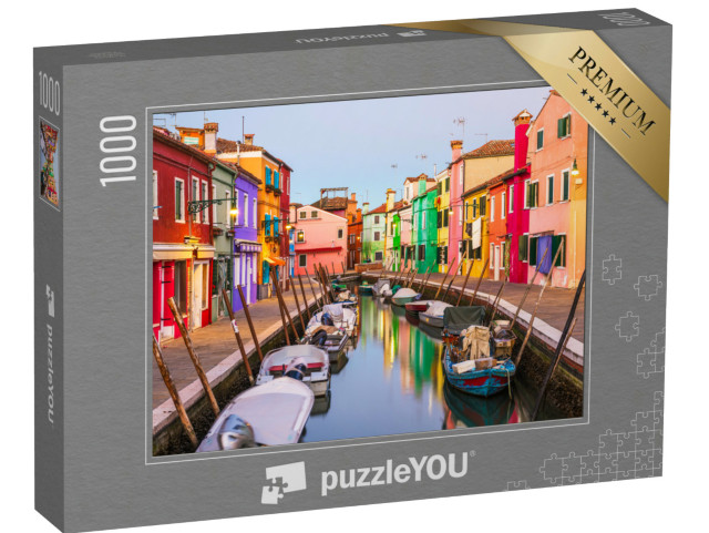 Puzzle 1000 pezzi „Burano, Venezia, Italia Edifici colorati lungo i canali al crepuscolo.“